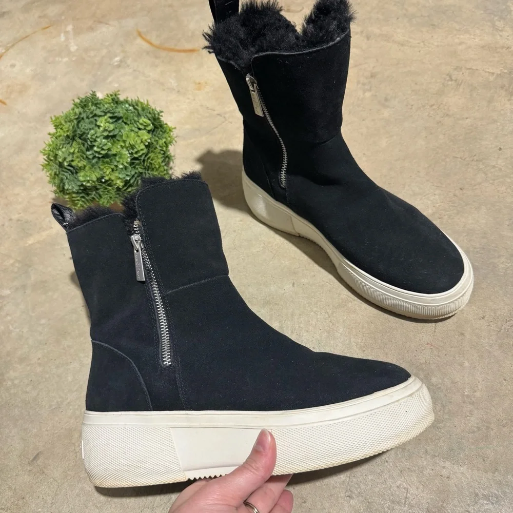 J Slides Tristan Boots Black Women Size 8 Faux Fur Leather Suede Platform Chunky